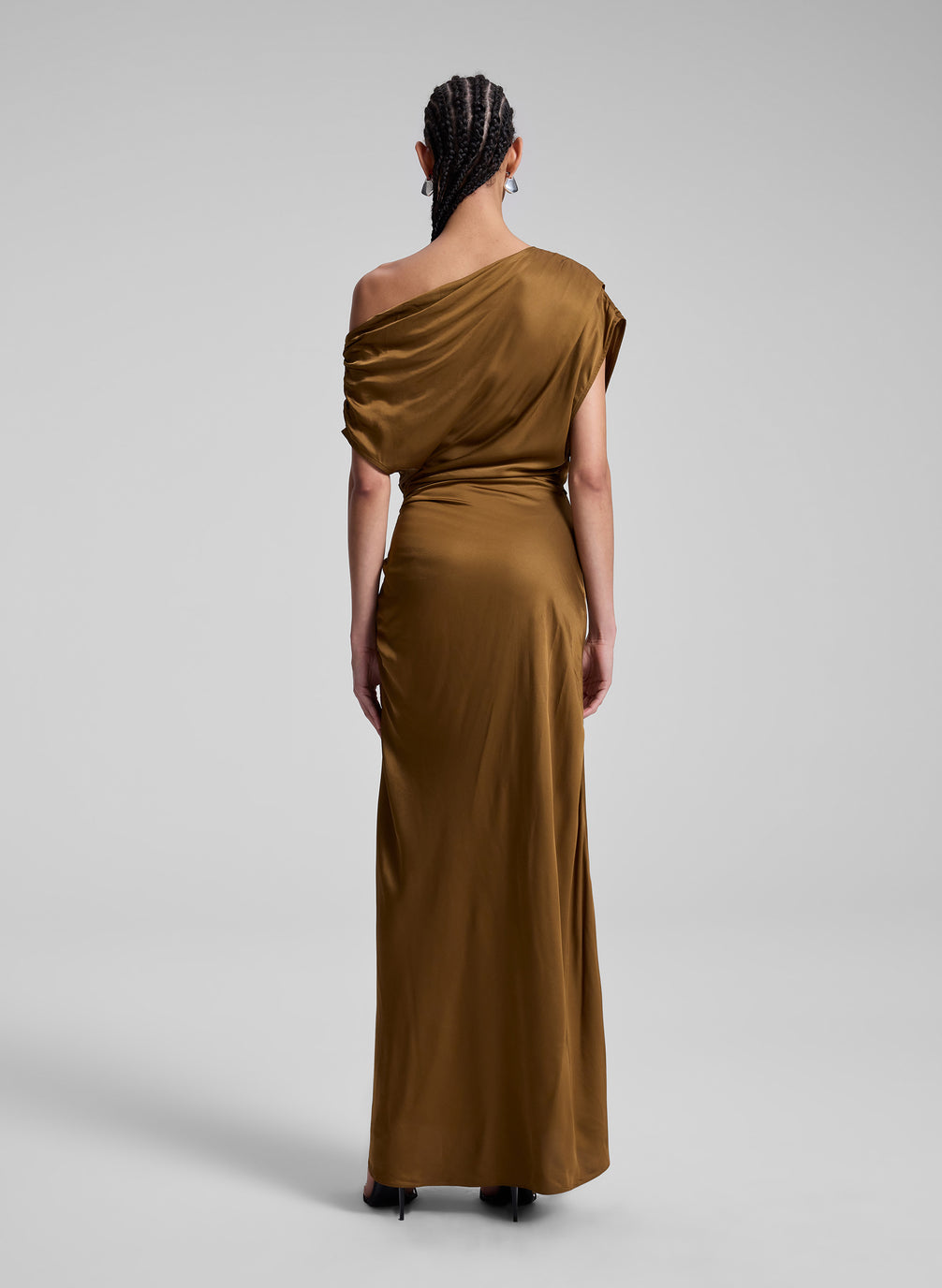 woman wearing brown maxi dress