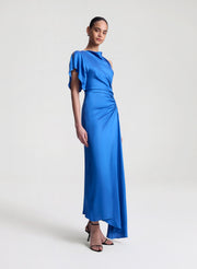 woman wearing blue satin maxi dress
