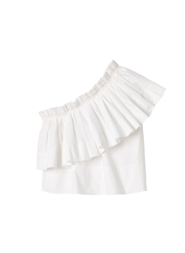 flatlay of white one shoulder ruffle top