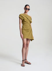 woman wearing olive dress linen mini dress