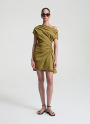 woman wearing olive dress linen mini dress
