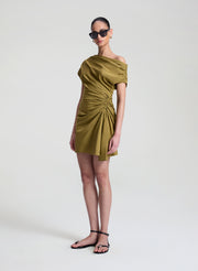 woman wearing olive dress linen mini dress
