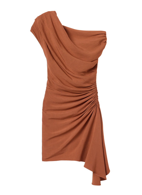flatlay of brown one shoulder mini dress