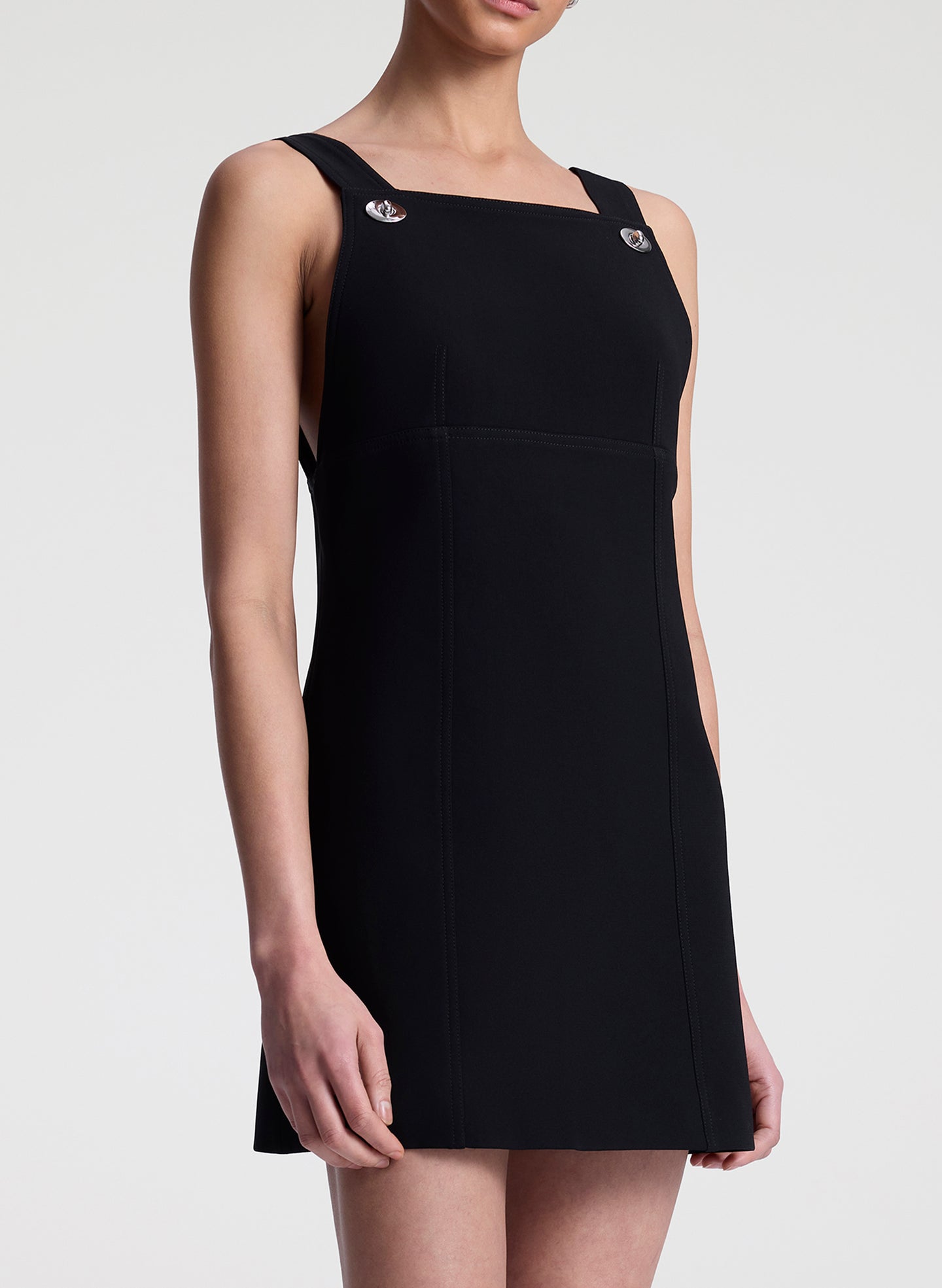 Black sleeveless dress worn by a model on a white background