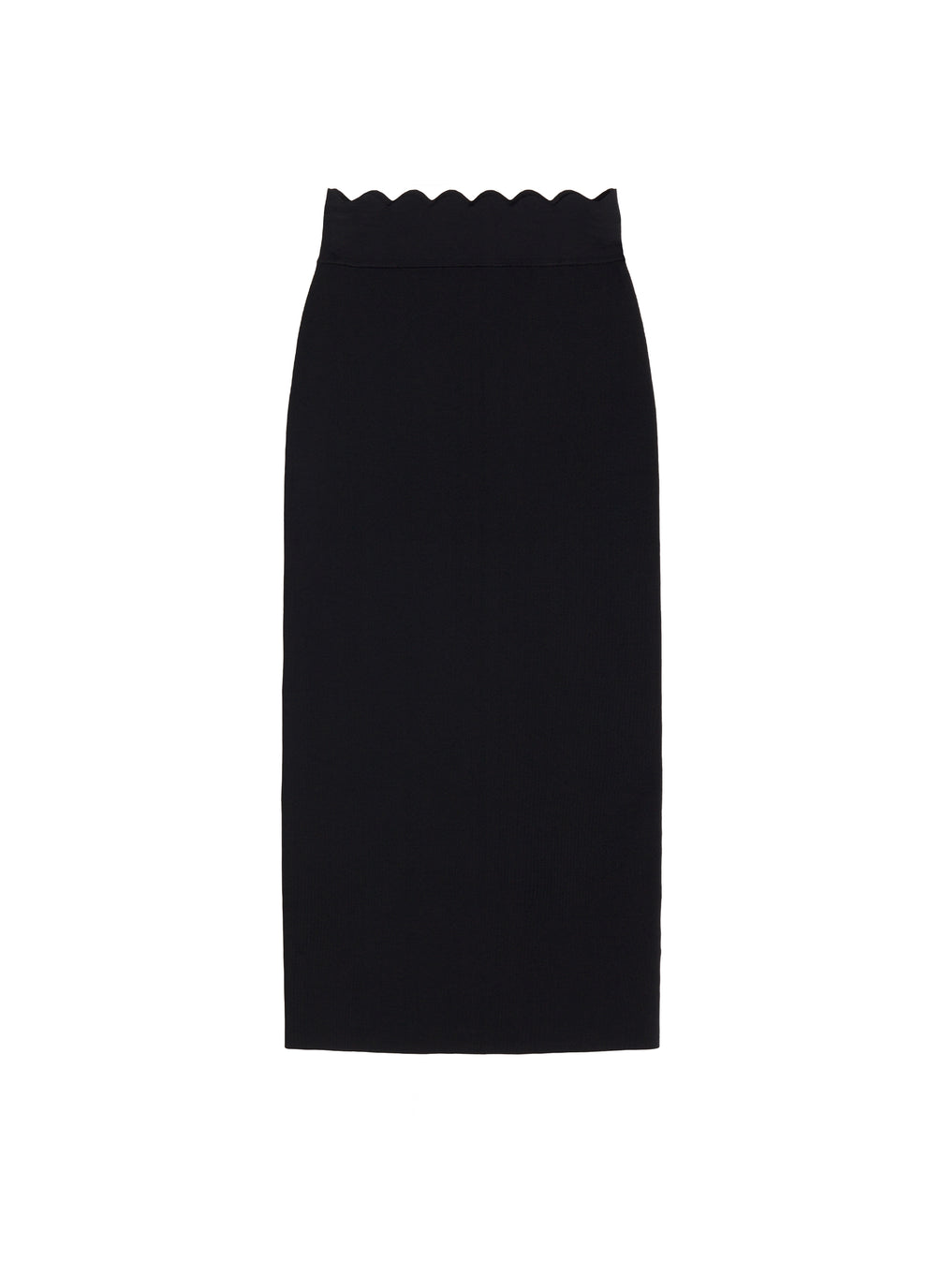 flatlay of black scalloped knit midi skirt