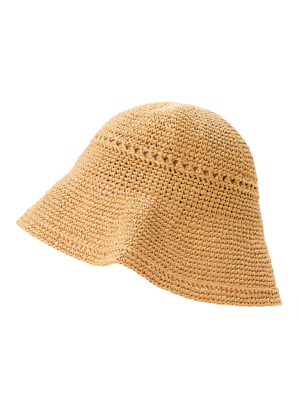 flat lay view of tan raffia bucket hat with eyelet detail