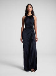 woman wearing black pleated gown