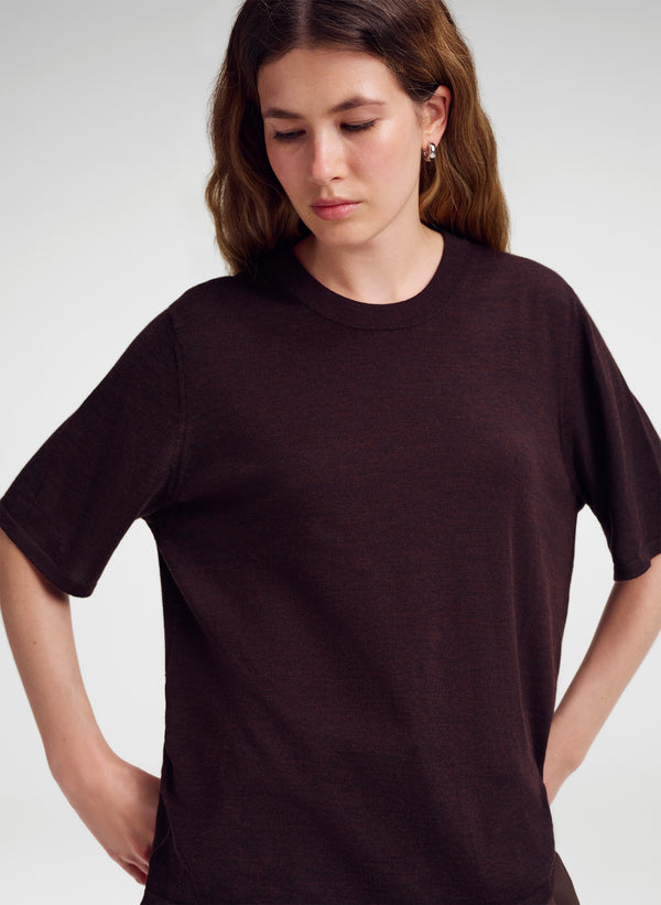 woman wearing brown knit merino top