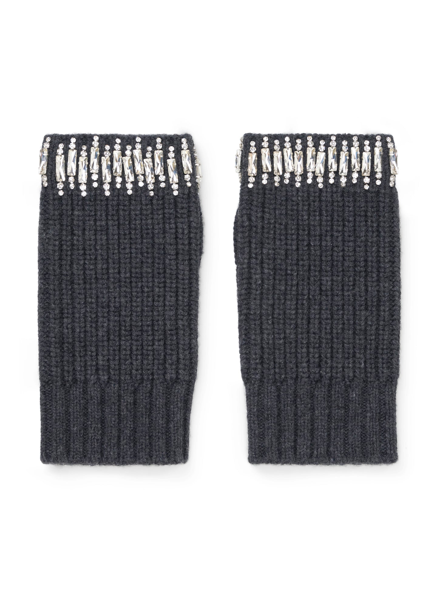 flat lay view of dark fingerless grey wool gloves with rhinestone embellishment across knuckles