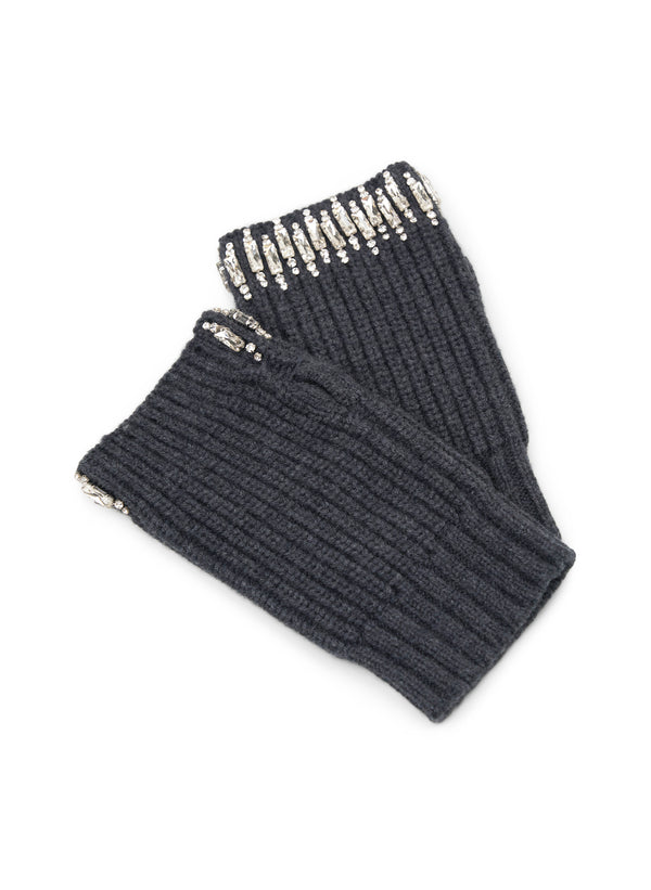 detail view of  dark grey fingerless wool gloves with rhinestone embellishment across knuckles