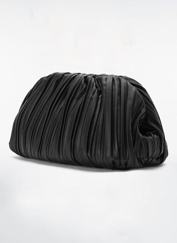 Flat lay view of black pleated clutch 