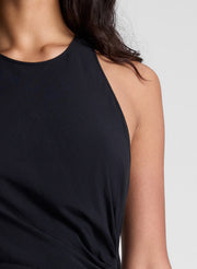 woman wearing black mini dress