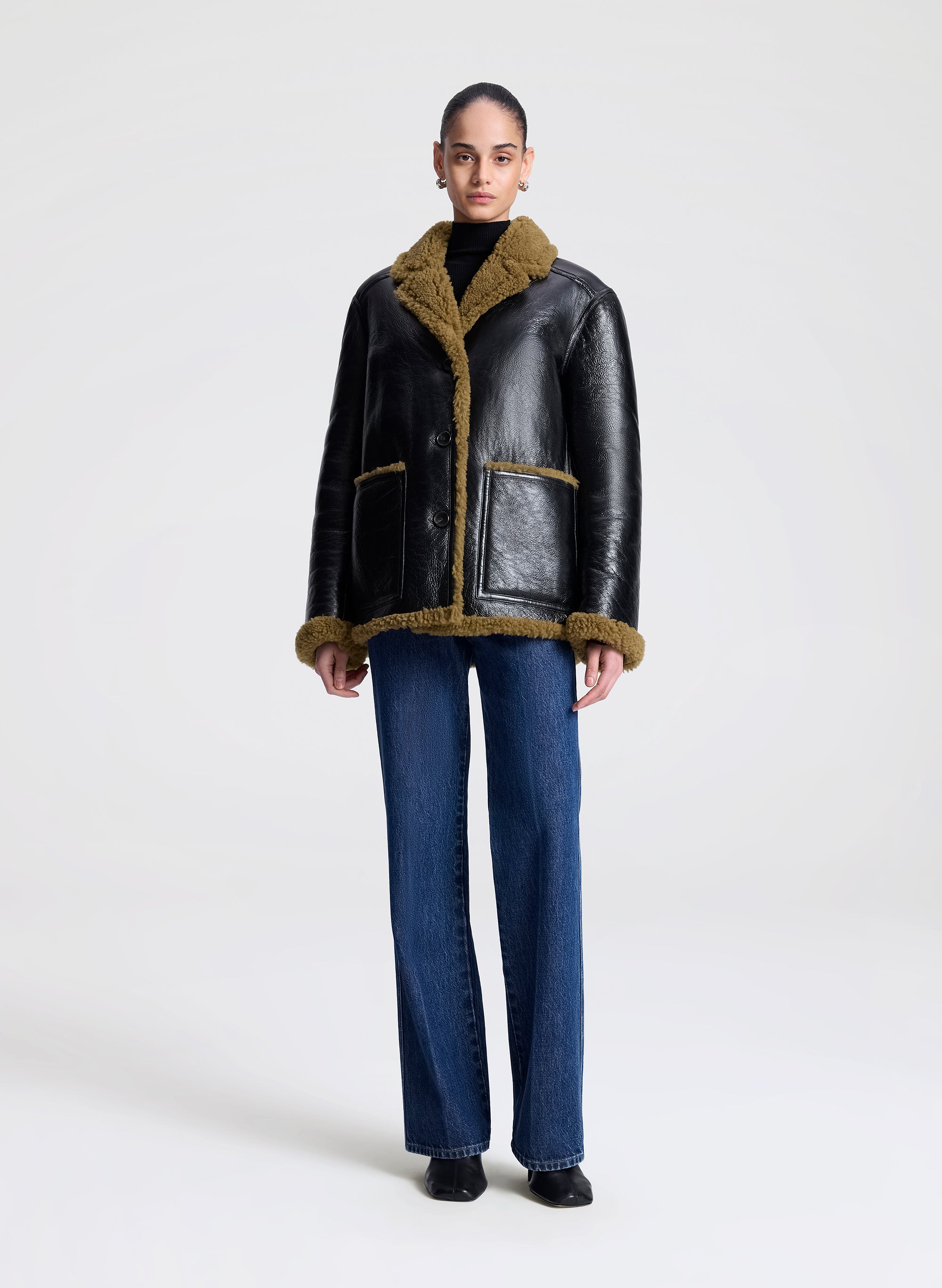 Ruth Glossy Leather and Shearling Reversible Coat