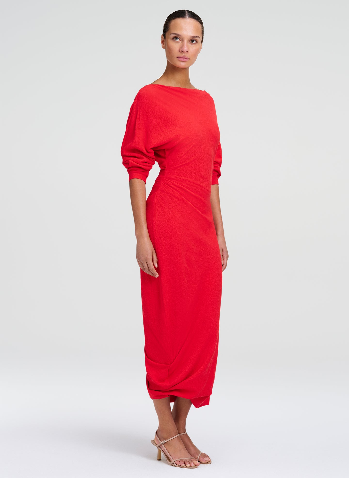 woman wearing red midi dress