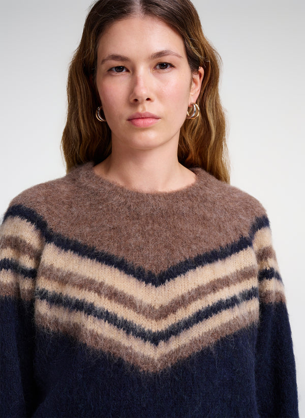 woman wearing brown and navy sweaters