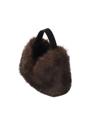 Brown faux fur pouch with a black strap on a white background