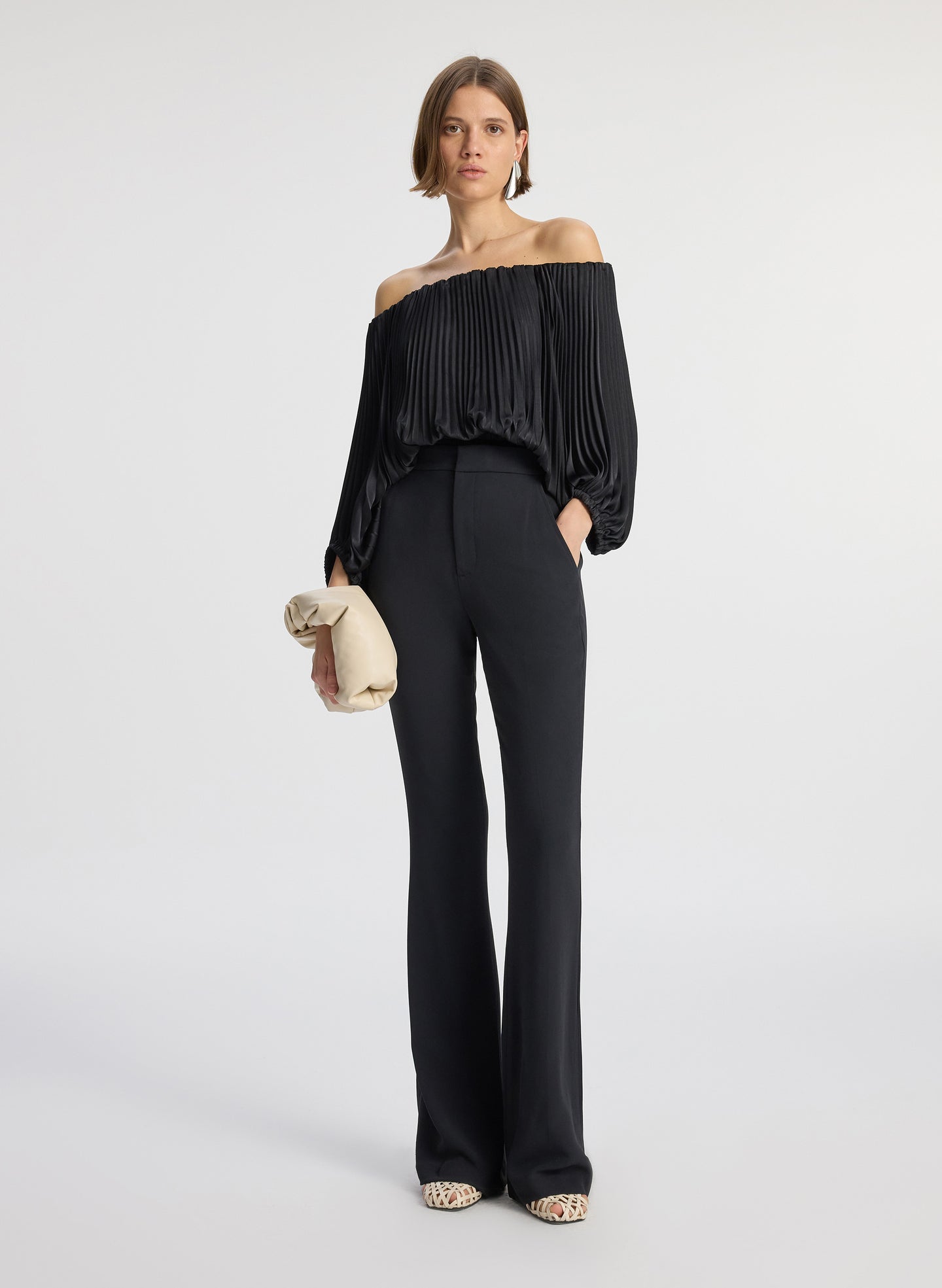 sienna satin pleated off shoulder midi dress A.L.C. Sienna Satin Pleated Off Shoulder Dress