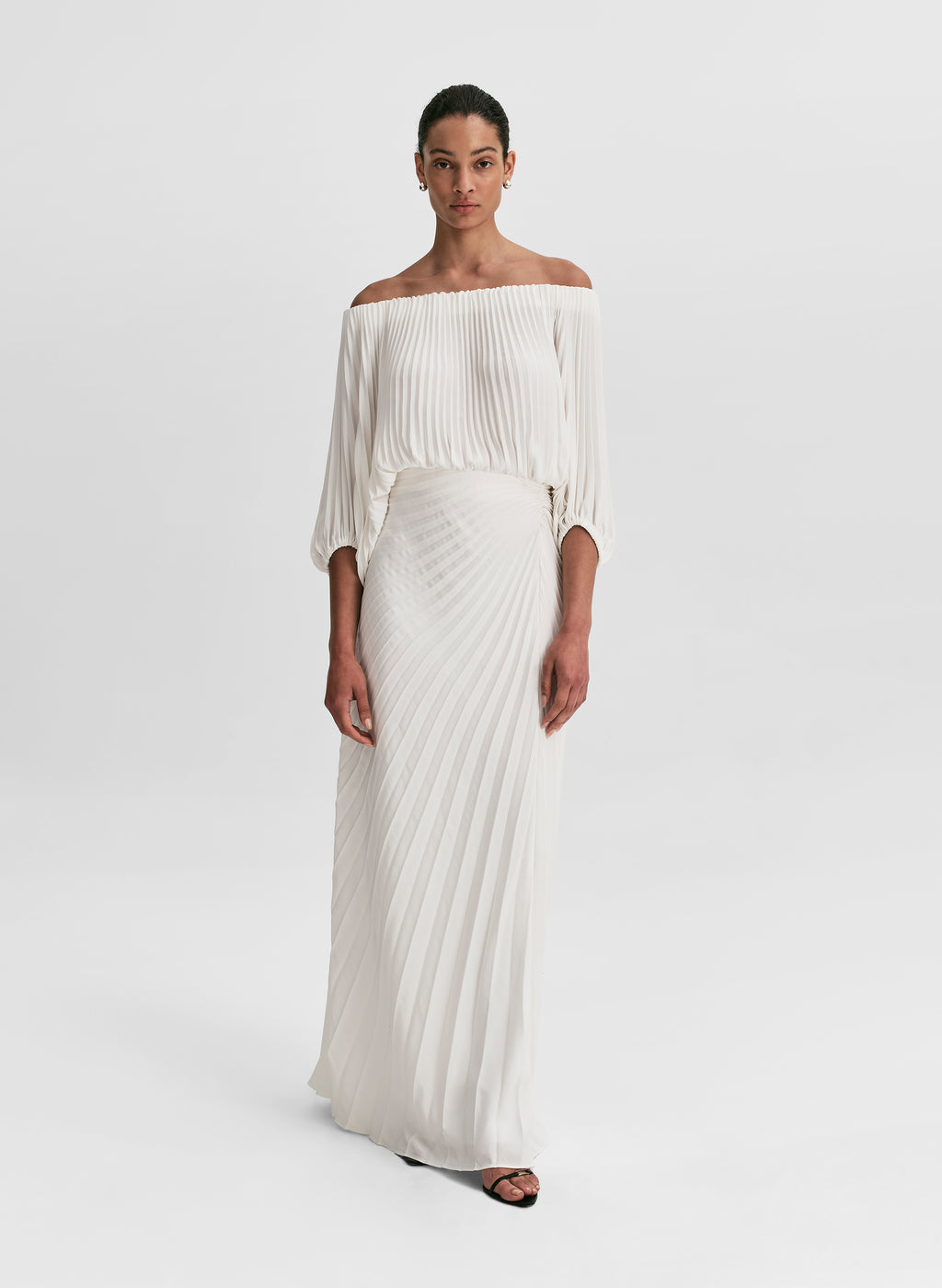A.L.C. Bianca Satin Pleated Maxi Skirt in Whisper White, Size 4