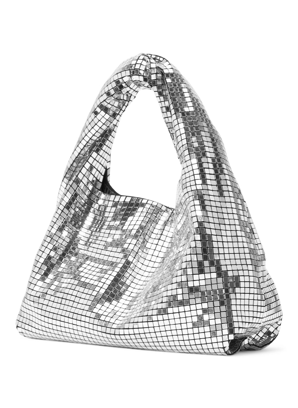 flat lay view of silver square crystal embellished short length top handle bag with small sized rectangular base