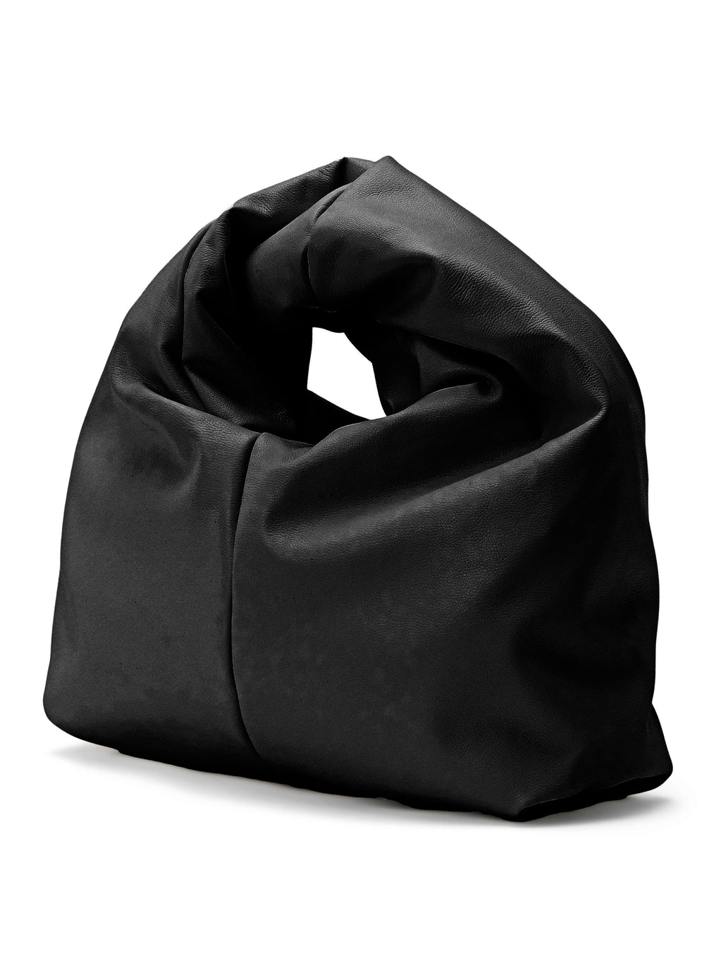 side  view of black vegan leather handbag
