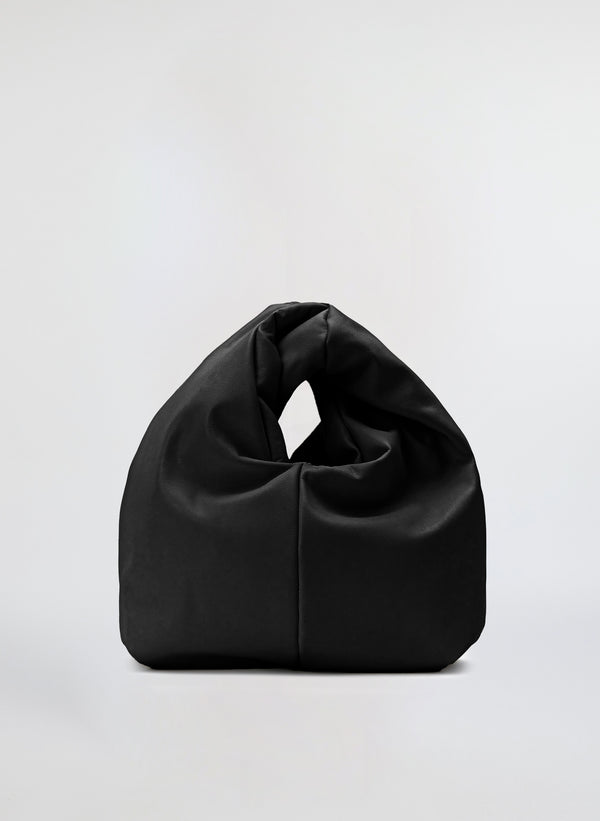 front view of black vegan leather handbag