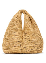 front view of small raffia woven handbag