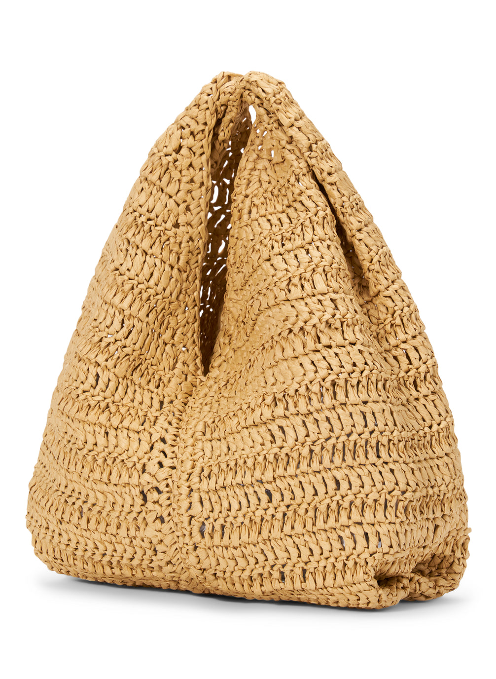 side  view of small raffia woven handbag