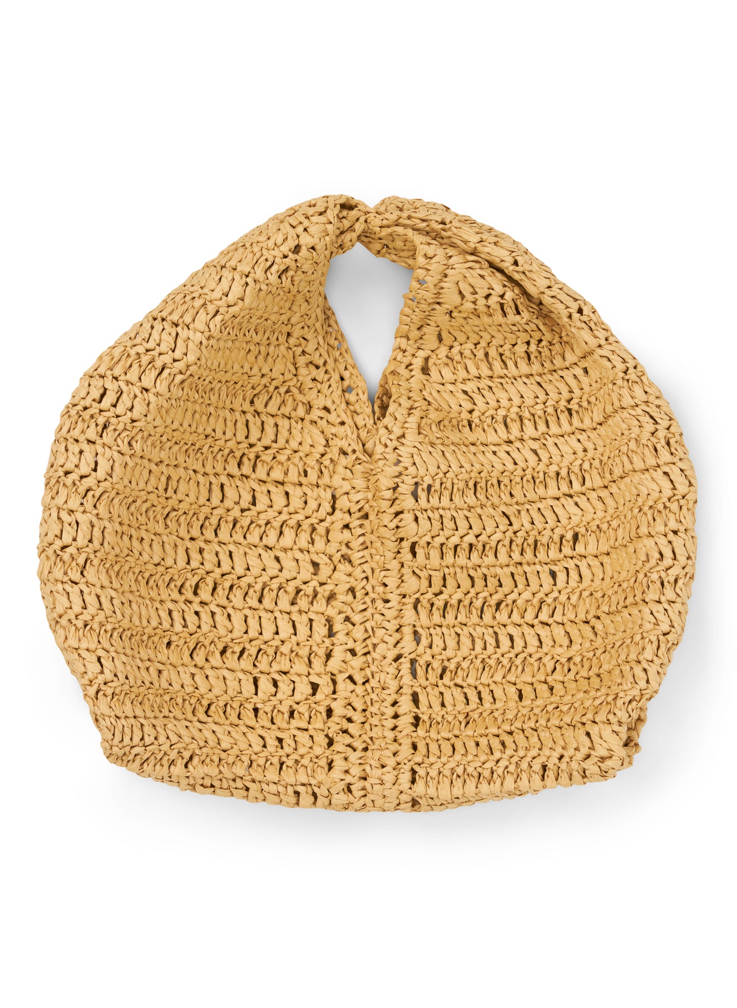 flatlay view of small raffia handbag