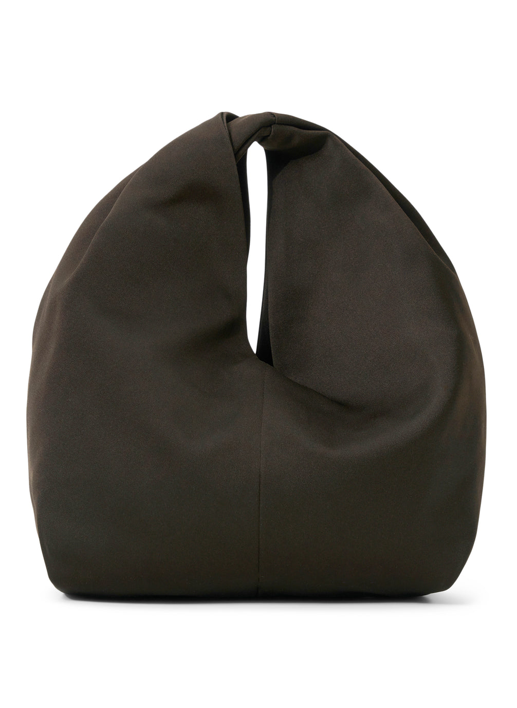 Flat lay view of dark brown satin  bag with short top handle and rectangular base