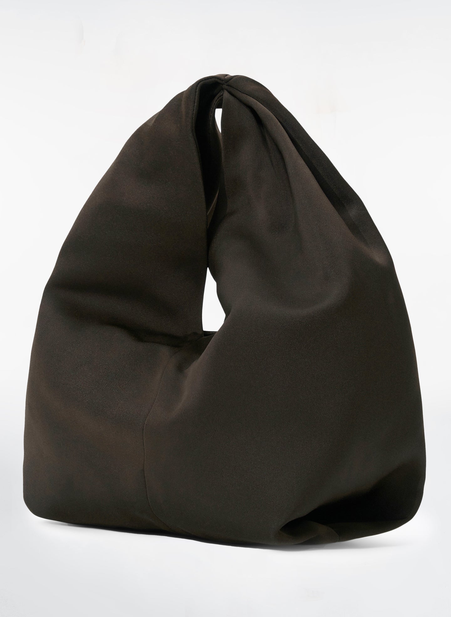 Flat lay view of dark brown satin  bag with short top handle and rectangular base