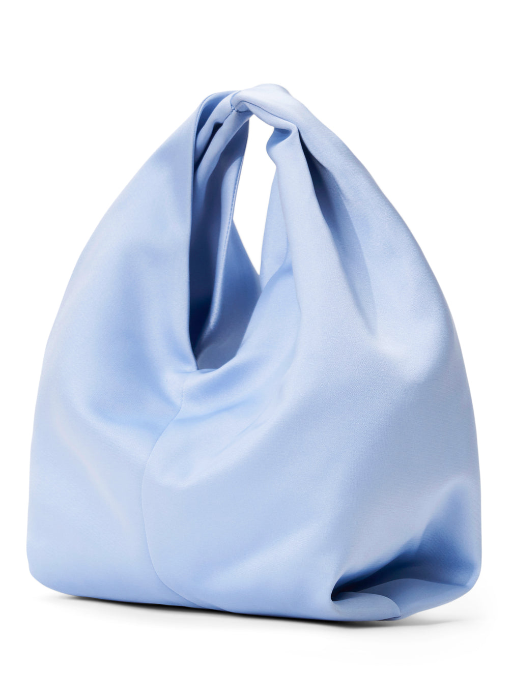 Flat lay view of light blue satin  bag with short top handle and rectangular base