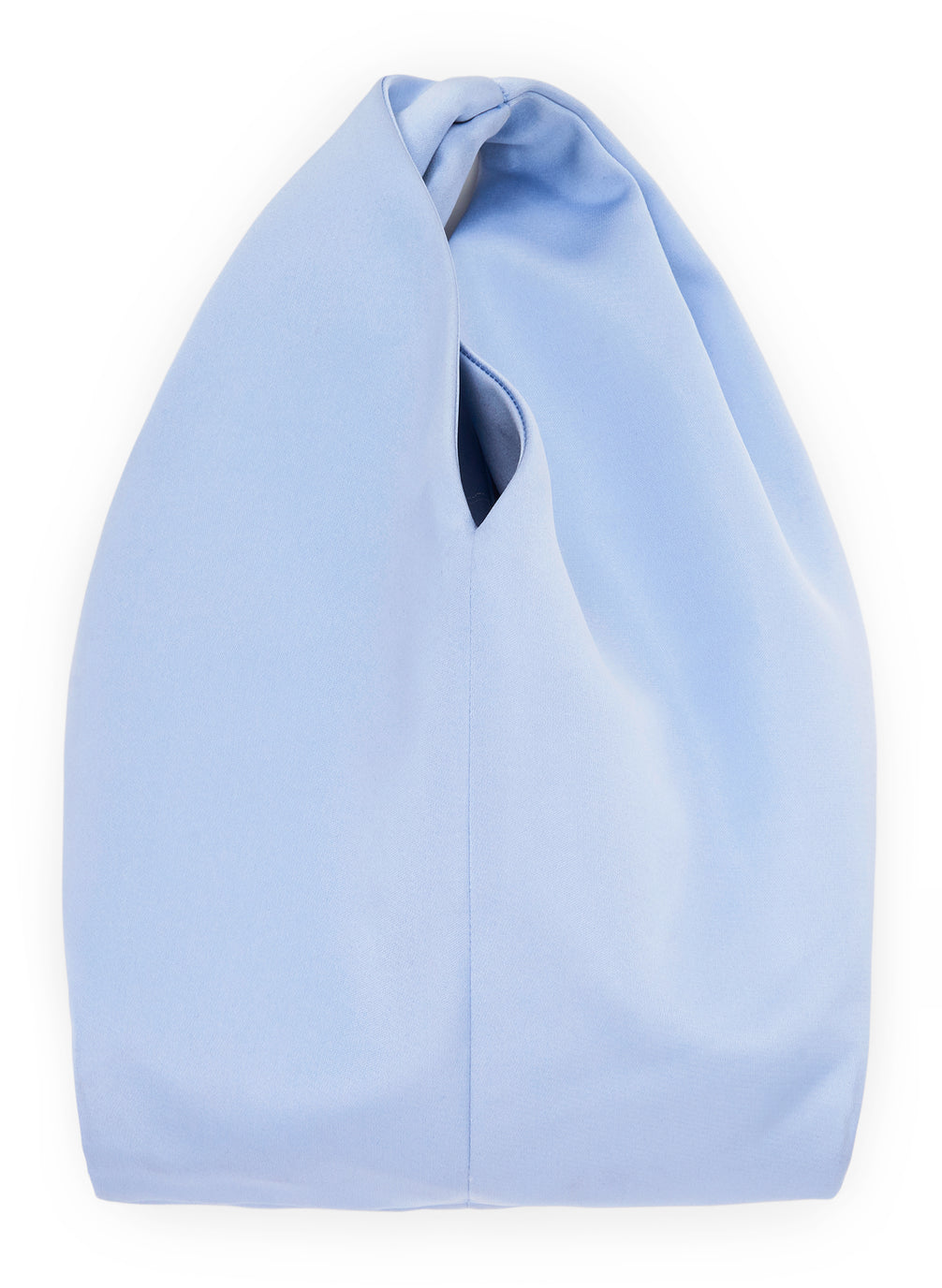 Flat lay view of light blue satin  bag with short top handle and rectangular base