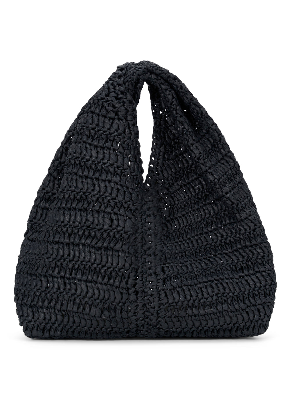 front view of small raffia woven handbag in black