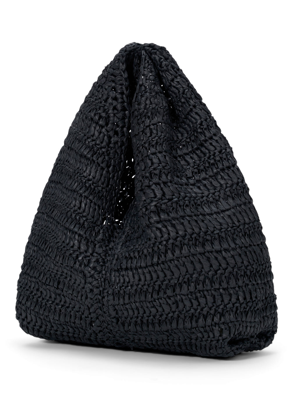 side view of small raffia woven handbag in black