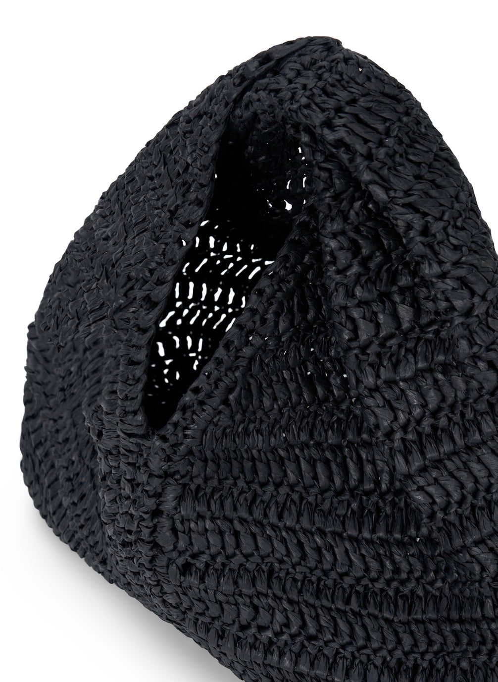 detail view of small raffia woven handbag in black