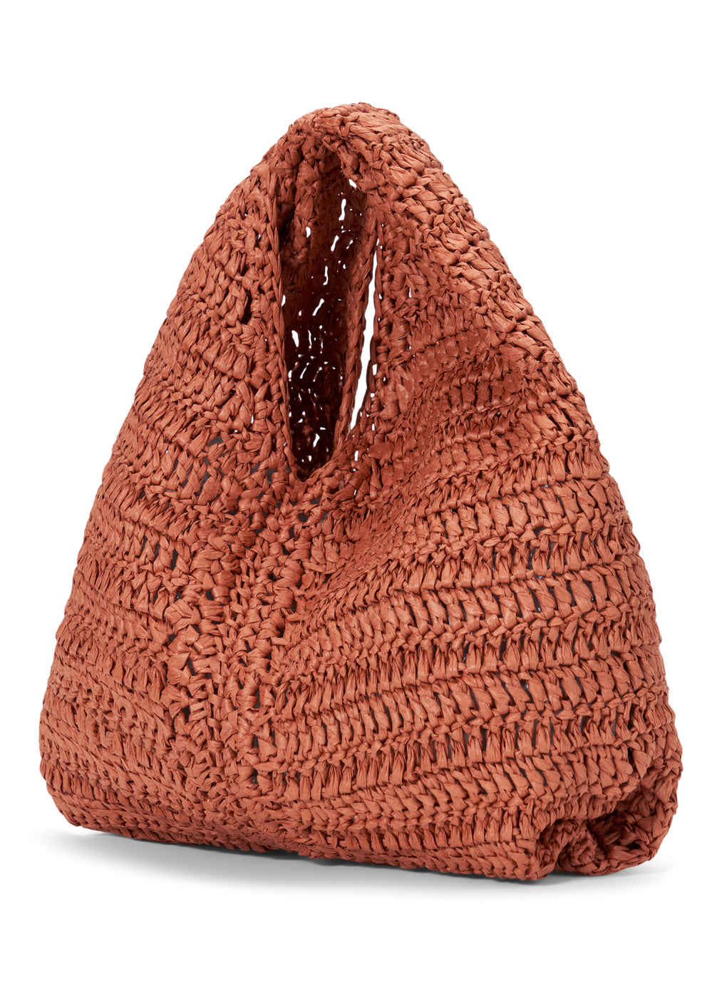 side view of small raffia woven handbag in brown