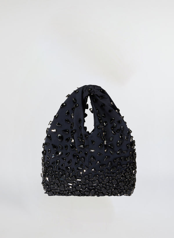 navy blue handbag with black rhinestones