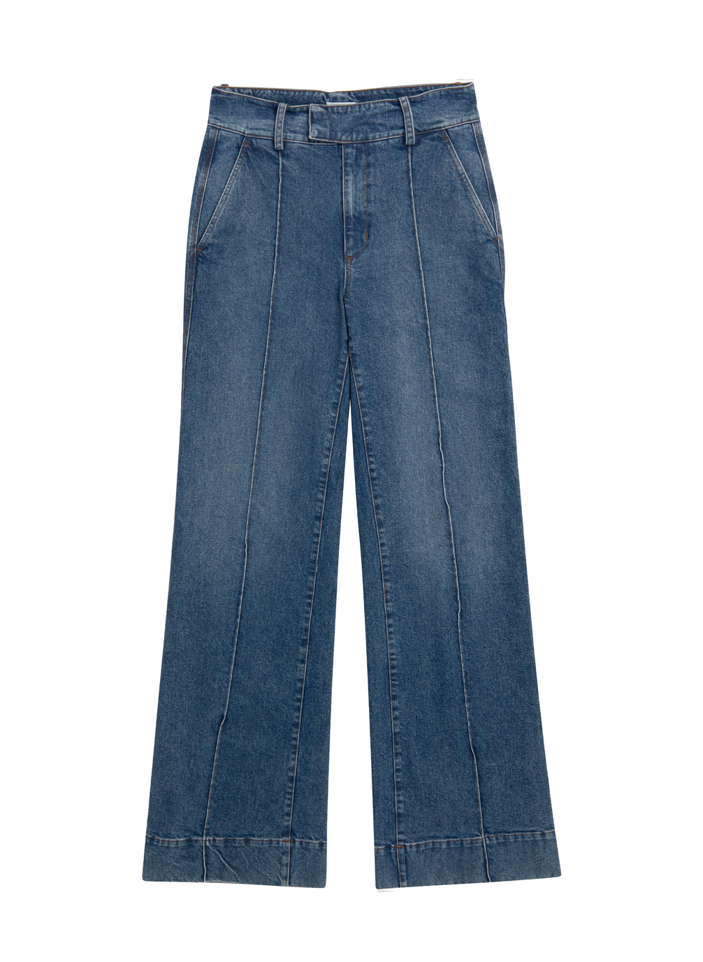 flatlay of medium blue wash wide leg denim jeans