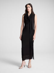 woman wearing dark brown maxi dress