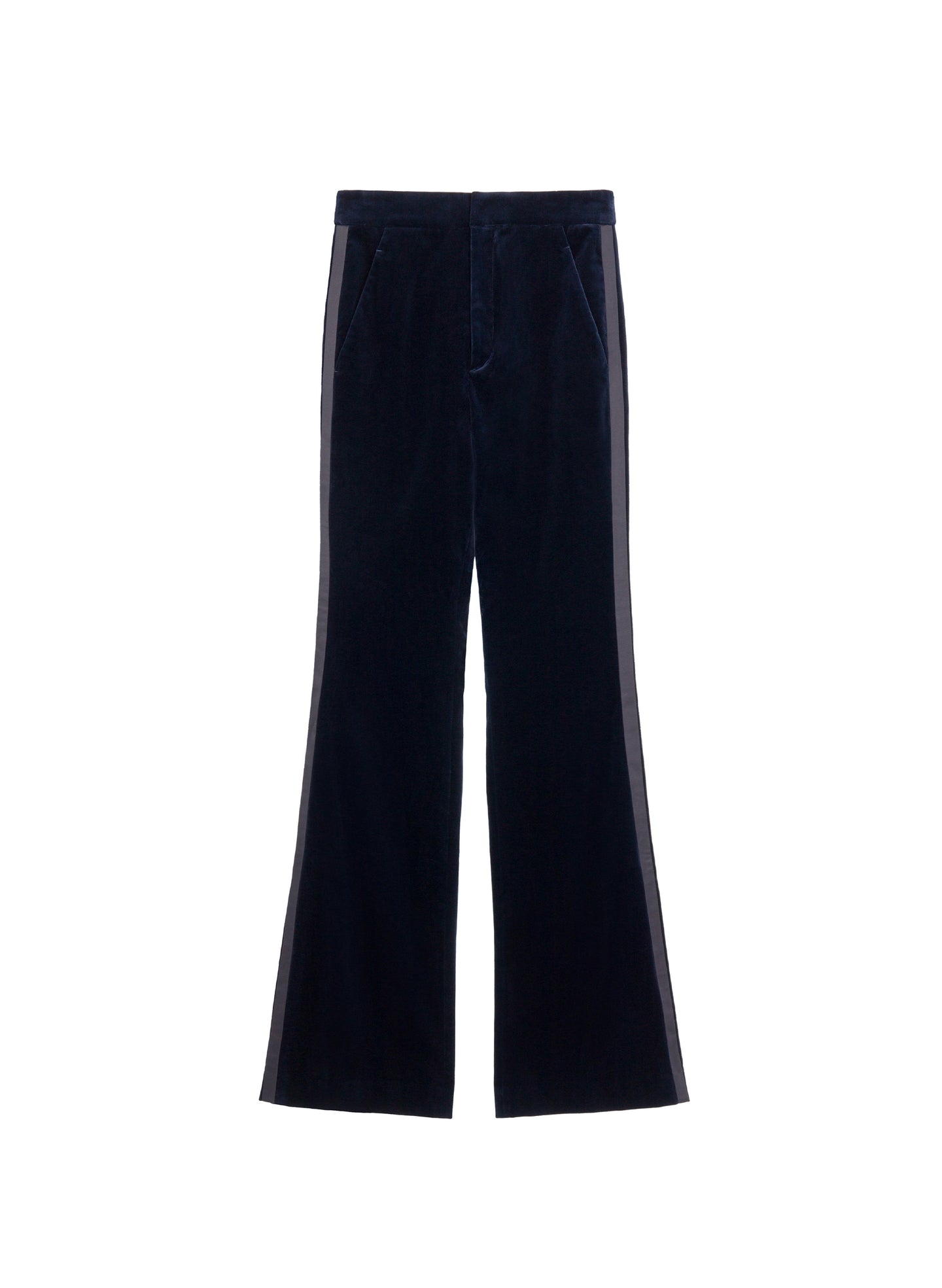 flatlay of navy blue velvet flared tuxedo pants