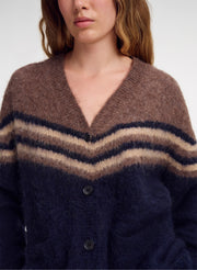 close up of brown and navy blue cardigan