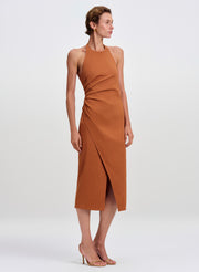 woman wearing rust color linen midi dress