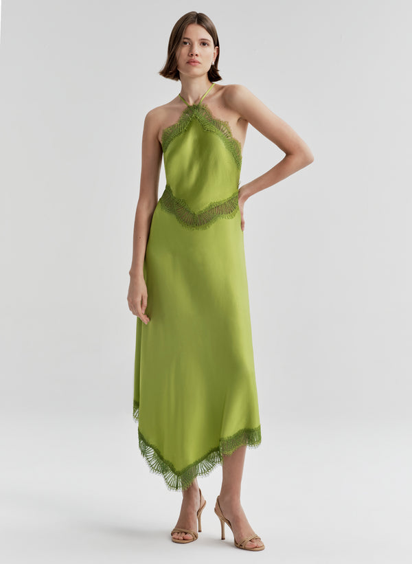 woman in green satin dress