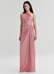 Woman wearing a pink one-shoulder gown on a white background