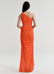 Orange matching top & skirt with a white background