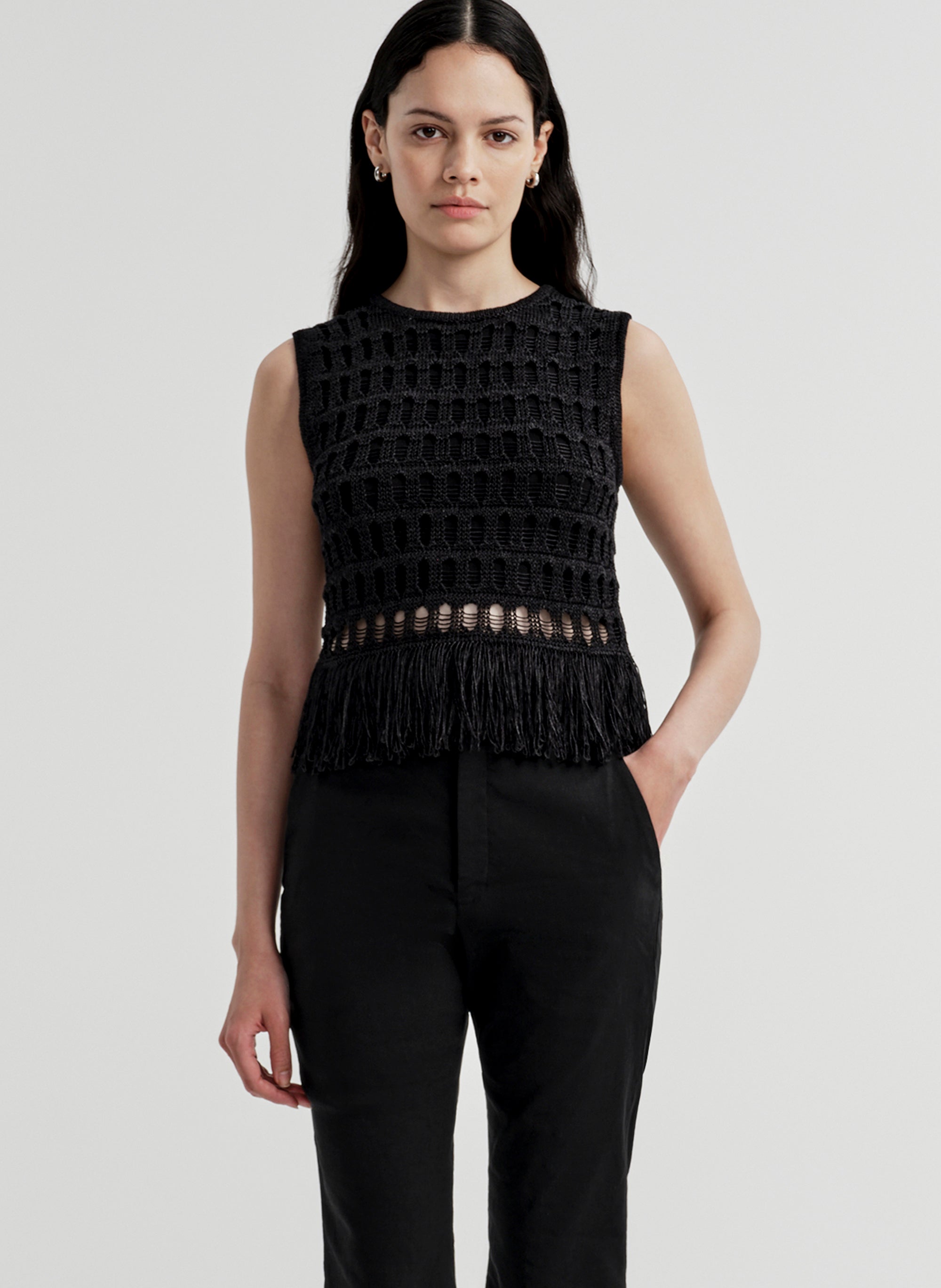 【a※】CLANE FRINGE TIGHT KNIT TOPS Esme Crochet Fringe Top | ALC LTD
