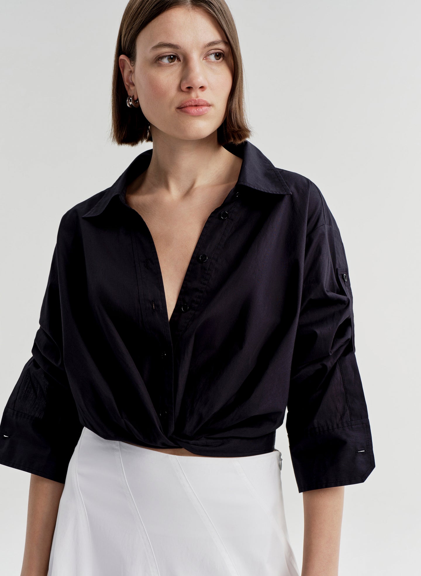 woman in navy blue shirt