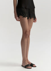 Person wearing black lace shorts on a white background
