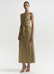 woman wearing striped top and skirt set