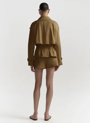 woman wearing a hazel brown jacket and shorts